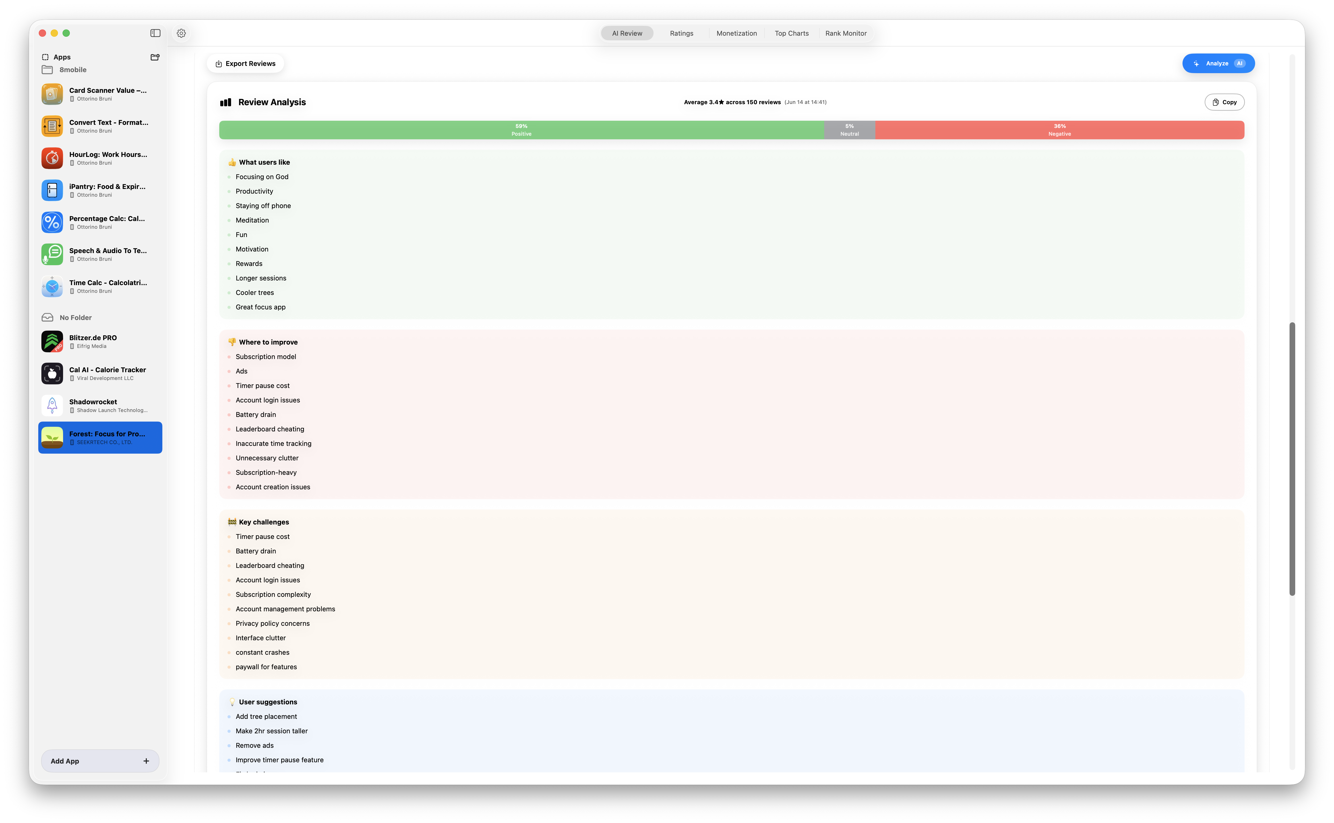 AppReview AI showing on-device review analysis