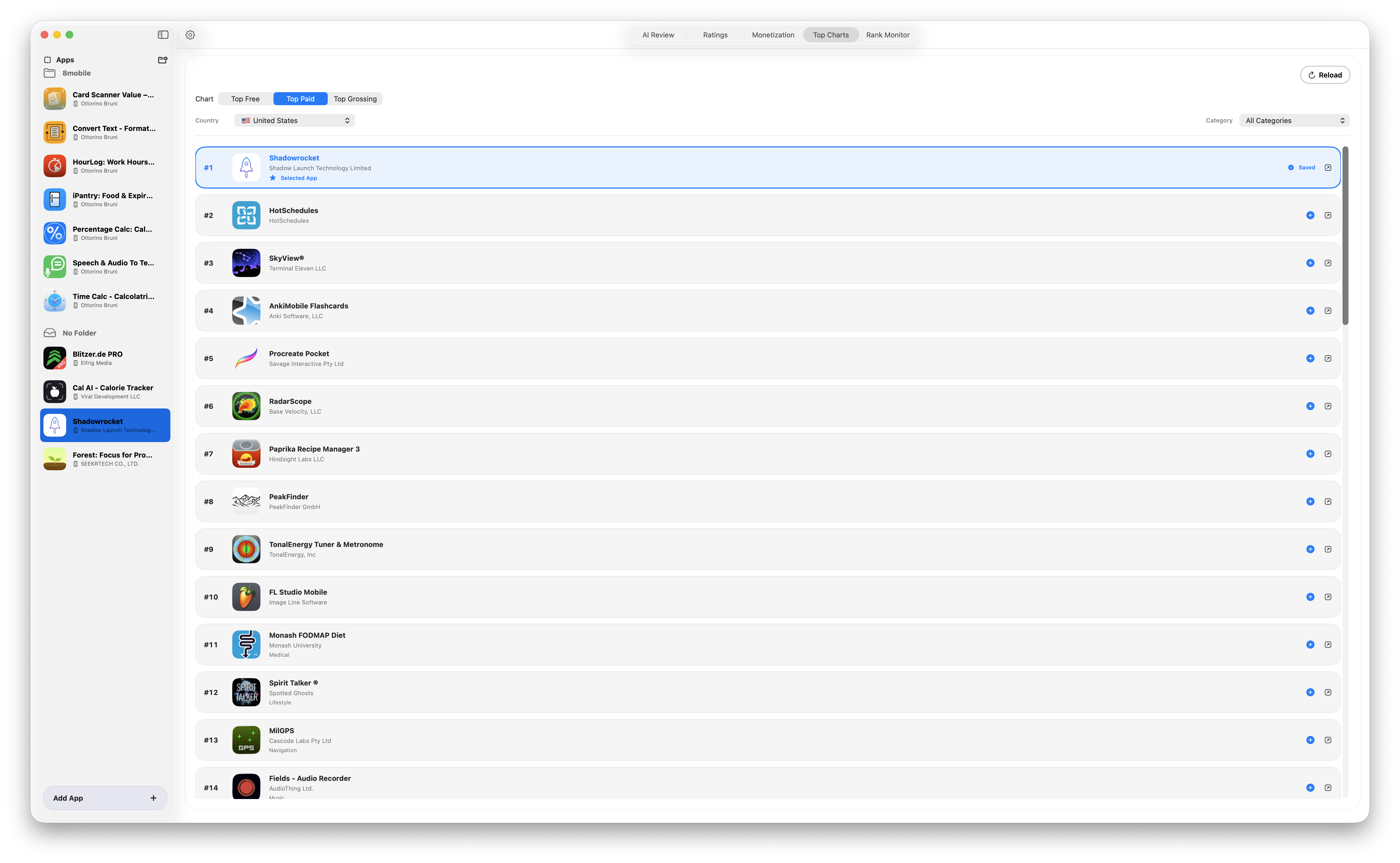 AppReview AI top charts view