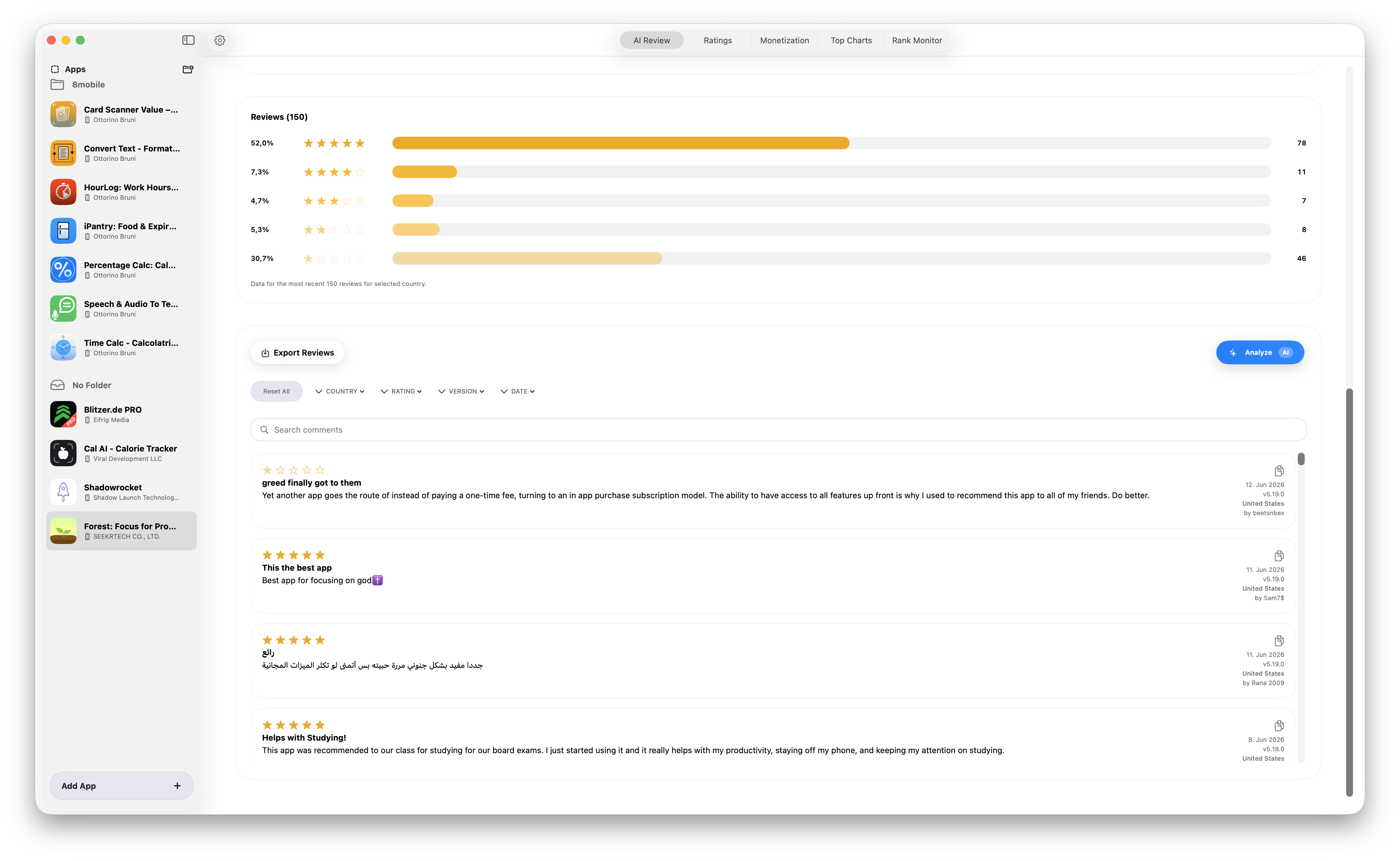 AppReview AI reviews and export view